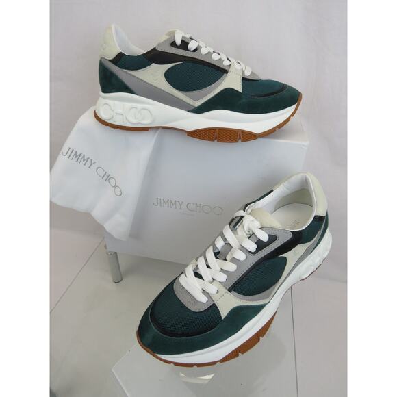 JIMMY CHOO LANDON GREEN GRAY SUEDE BLACK LEATHER PLATFORM SNEAKERS 44 11 - Picture 12 of 15